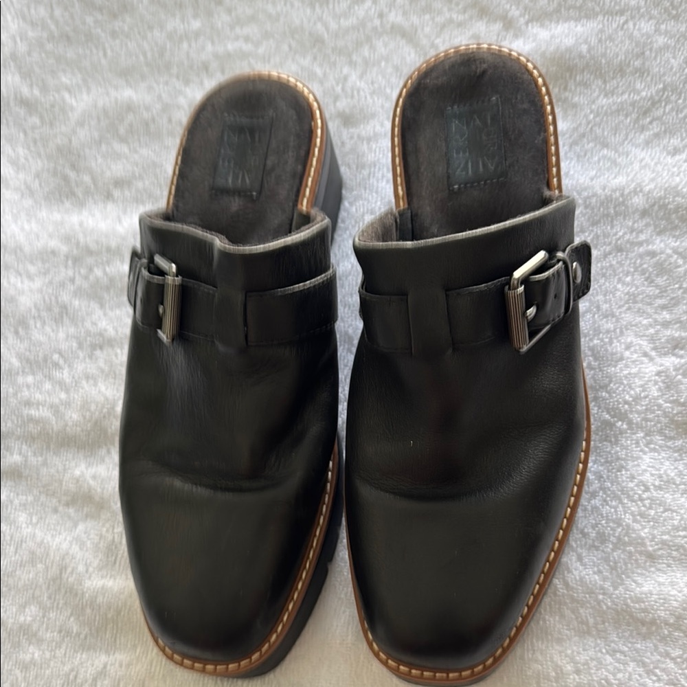 Naturalizer Black Leather Buckle Mules